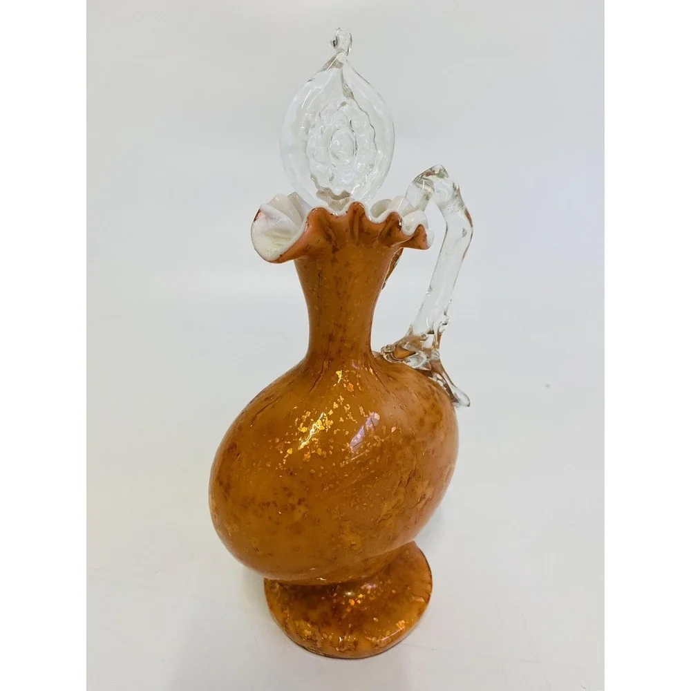 Vintage Orange Gold Aventurine Art Glass Decanter Murano‎ Style Ruffled Cruet